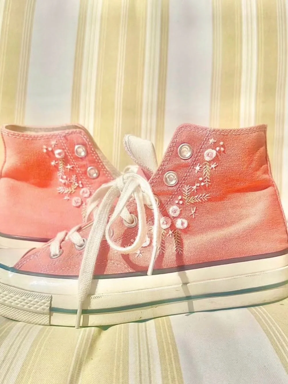 Converse Embroidered High Top Sneakers in Coral Pink with White Accents - Picture 2 of 6
